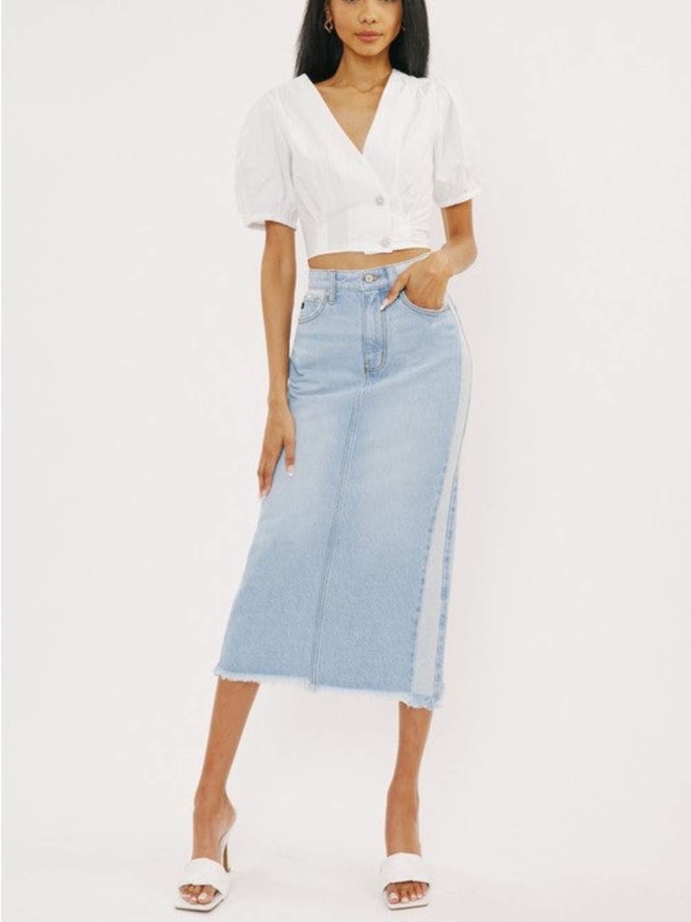 New Fabulous Midi Denim Light Wash Skirt with Slit Raw Edge Hem